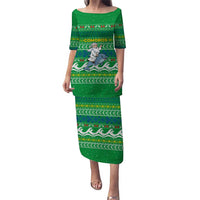 Comoros Christmas Puletasi with Santa Riding Dolphin Ocean Waves Crescent Moon and Tribal Pattern - Wonder Print Shop