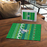 Comoros Christmas Puzzle with Santa Riding Dolphin Ocean Waves Crescent Moon and Tribal Pattern - Wonder Print Shop