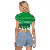 Comoros Christmas Raglan Cropped T Shirt with Santa Riding Dolphin Ocean Waves Crescent Moon and Tribal Pattern - Wonder Print Shop