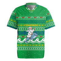 Comoros Christmas Rugby Jersey with Santa Riding Dolphin Ocean Waves Crescent Moon and Tribal Pattern - Wonder Print Shop