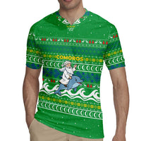 Comoros Christmas Rugby Jersey with Santa Riding Dolphin Ocean Waves Crescent Moon and Tribal Pattern - Wonder Print Shop
