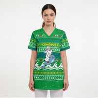 Comoros Christmas Scrub Top with Santa Riding Dolphin Ocean Waves Crescent Moon and Tribal Pattern - Wonder Print Shop