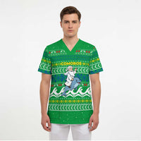 Comoros Christmas Scrub Top with Santa Riding Dolphin Ocean Waves Crescent Moon and Tribal Pattern - Wonder Print Shop