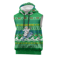 Comoros Christmas Sleeveless Hoodie with Santa Riding Dolphin Ocean Waves Crescent Moon and Tribal Pattern - Wonder Print Shop