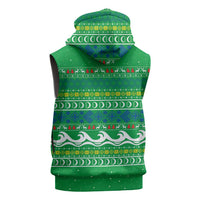 Comoros Christmas Sleeveless Hoodie with Santa Riding Dolphin Ocean Waves Crescent Moon and Tribal Pattern - Wonder Print Shop