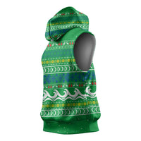 Comoros Christmas Sleeveless Hoodie with Santa Riding Dolphin Ocean Waves Crescent Moon and Tribal Pattern - Wonder Print Shop
