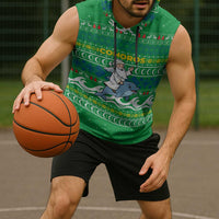 Comoros Christmas Sleeveless Hoodie with Santa Riding Dolphin Ocean Waves Crescent Moon and Tribal Pattern - Wonder Print Shop