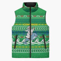 Comoros Christmas Sleeveless Puffer Jacket with Santa Riding Dolphin Ocean Waves Crescent Moon and Tribal Pattern - Wonder Print Shop