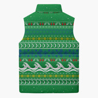 Comoros Christmas Sleeveless Puffer Jacket with Santa Riding Dolphin Ocean Waves Crescent Moon and Tribal Pattern - Wonder Print Shop