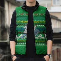 Comoros Christmas Sleeveless Puffer Jacket with Santa Riding Dolphin Ocean Waves Crescent Moon and Tribal Pattern - Wonder Print Shop