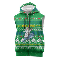 Comoros Christmas Sleeveless Zip Hoodie with Santa Riding Dolphin Ocean Waves Crescent Moon and Tribal Pattern - Wonder Print Shop