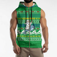 Comoros Christmas Sleeveless Zip Hoodie with Santa Riding Dolphin Ocean Waves Crescent Moon and Tribal Pattern - Wonder Print Shop