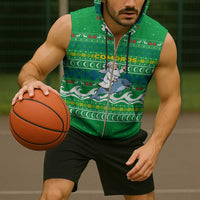 Comoros Christmas Sleeveless Zip Hoodie with Santa Riding Dolphin Ocean Waves Crescent Moon and Tribal Pattern - Wonder Print Shop