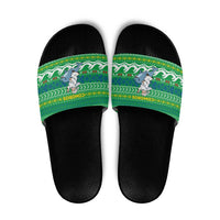 Comoros Christmas Slide Sandals with Santa Riding Dolphin Ocean Waves Crescent Moon and Tribal Pattern - Wonder Print Shop