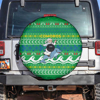 Comoros Christmas Spare Tire Cover with Santa Riding Dolphin Ocean Waves Crescent Moon and Tribal Pattern - Wonder Print Shop