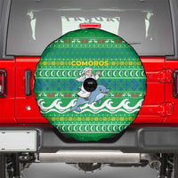 Comoros Christmas Spare Tire Cover with Santa Riding Dolphin Ocean Waves Crescent Moon and Tribal Pattern - Wonder Print Shop