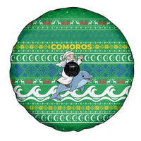 Comoros Christmas Spare Tire Cover with Santa Riding Dolphin Ocean Waves Crescent Moon and Tribal Pattern - Wonder Print Shop