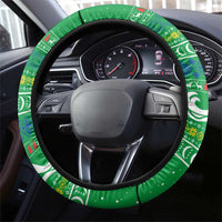 Comoros Christmas Steering Wheel Cover with Santa Riding Dolphin Ocean Waves Crescent Moon and Tribal Pattern - Wonder Print Shop