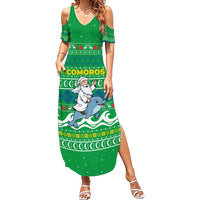 Comoros Christmas Summer Maxi Dress with Santa Riding Dolphin Ocean Waves Crescent Moon and Tribal Pattern - Wonder Print Shop