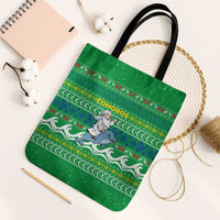 Comoros Christmas Tote Bag with Santa Riding Dolphin Ocean Waves Crescent Moon and Tribal Pattern - Wonder Print Shop