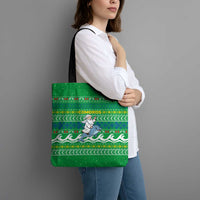 Comoros Christmas Tote Bag with Santa Riding Dolphin Ocean Waves Crescent Moon and Tribal Pattern - Wonder Print Shop
