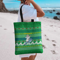 Comoros Christmas Tote Bag with Santa Riding Dolphin Ocean Waves Crescent Moon and Tribal Pattern - Wonder Print Shop