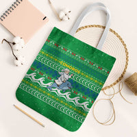 Comoros Christmas Tote Bag with Santa Riding Dolphin Ocean Waves Crescent Moon and Tribal Pattern - Wonder Print Shop