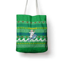 Comoros Christmas Tote Bag with Santa Riding Dolphin Ocean Waves Crescent Moon and Tribal Pattern - Wonder Print Shop