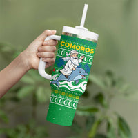 Comoros Christmas Tumbler With Handle with Santa Riding Dolphin Ocean Waves Crescent Moon and Tribal Pattern - Wonder Print Shop