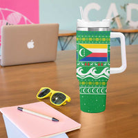 Comoros Christmas Tumbler With Handle with Santa Riding Dolphin Ocean Waves Crescent Moon and Tribal Pattern - Wonder Print Shop