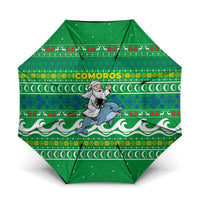 Comoros Christmas Umbrella with Santa Riding Dolphin Ocean Waves Crescent Moon and Tribal Pattern - Wonder Print Shop