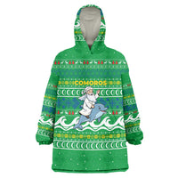 Comoros Christmas Wearable Blanket Hoodie with Santa Riding Dolphin Ocean Waves Crescent Moon and Tribal Pattern - Wonder Print Shop