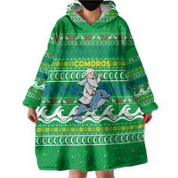 Comoros Christmas Wearable Blanket Hoodie with Santa Riding Dolphin Ocean Waves Crescent Moon and Tribal Pattern - Wonder Print Shop