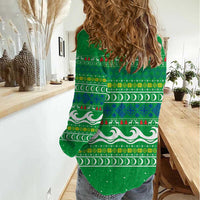 Comoros Christmas Women Casual Shirt with Santa Riding Dolphin Ocean Waves Crescent Moon and Tribal Pattern - Wonder Print Shop