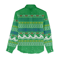 Comoros Christmas Women Casual Shirt with Santa Riding Dolphin Ocean Waves Crescent Moon and Tribal Pattern - Wonder Print Shop