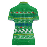 Comoros Christmas Women Polo Shirt with Santa Riding Dolphin Ocean Waves Crescent Moon and Tribal Pattern - Wonder Print Shop