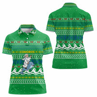 Comoros Christmas Women Polo Shirt with Santa Riding Dolphin Ocean Waves Crescent Moon and Tribal Pattern - Wonder Print Shop