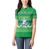 Comoros Christmas Women Polo Shirt with Santa Riding Dolphin Ocean Waves Crescent Moon and Tribal Pattern - Wonder Print Shop