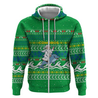 Comoros Christmas Zip Hoodie with Santa Riding Dolphin Ocean Waves Crescent Moon and Tribal Pattern - Wonder Print Shop