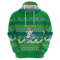Comoros Christmas Zip Hoodie with Santa Riding Dolphin Ocean Waves Crescent Moon and Tribal Pattern - Wonder Print Shop