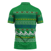 Comoros Christmas Zipper Polo Shirt with Santa Riding Dolphin Ocean Waves Crescent Moon and Tribal Pattern - Wonder Print Shop