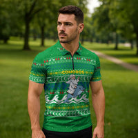 Comoros Christmas Zipper Polo Shirt with Santa Riding Dolphin Ocean Waves Crescent Moon and Tribal Pattern - Wonder Print Shop
