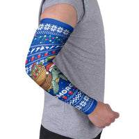 Comoros Christmas Arm Sleeves with Santa Turtle Gifts Snowflakes and Ocean Blue Holiday Pattern - Wonder Print Shop