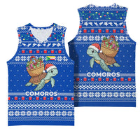 Comoros Christmas Basketball Jersey with Santa Turtle Gifts Snowflakes and Ocean Blue Holiday Pattern - Wonder Print Shop