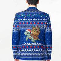 Comoros Christmas Blazer with Santa Turtle Gifts Snowflakes and Ocean Blue Holiday Pattern - Wonder Print Shop