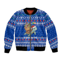 Comoros Christmas Bomber Jacket with Santa Turtle Gifts Snowflakes and Ocean Blue Holiday Pattern - Wonder Print Shop