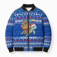 Comoros Christmas Bomber Puffer Jacket with Santa Turtle Gifts Snowflakes and Ocean Blue Holiday Pattern - Wonder Print Shop