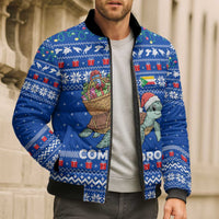 Comoros Christmas Bomber Puffer Jacket with Santa Turtle Gifts Snowflakes and Ocean Blue Holiday Pattern - Wonder Print Shop