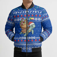 Comoros Christmas Bomber Puffer Jacket with Santa Turtle Gifts Snowflakes and Ocean Blue Holiday Pattern - Wonder Print Shop