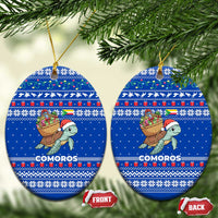 Comoros Christmas Ceramic Ornament with Santa Turtle Gifts Snowflakes and Ocean Blue Holiday Pattern - Wonder Print Shop
